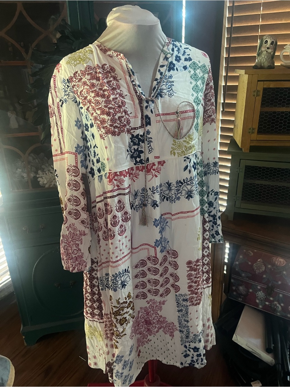 Anthropologie Boho Patchwork Print Tunic Dress - White with Red, Blue & Green